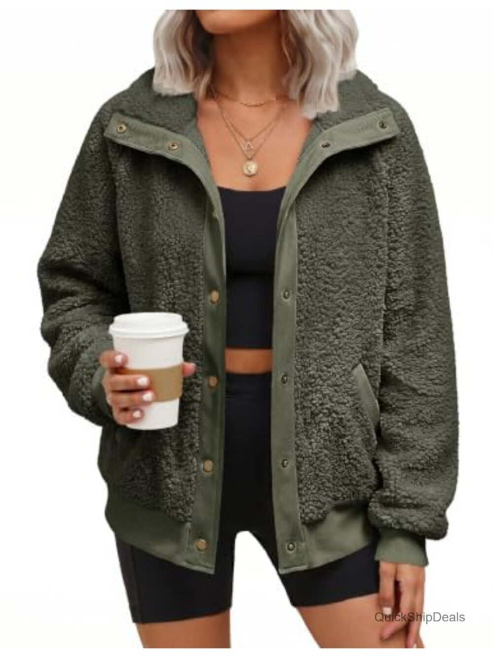 Sherpa Fleece Jacket Snap Button Stand Collar Fuzzy Winter Coat
